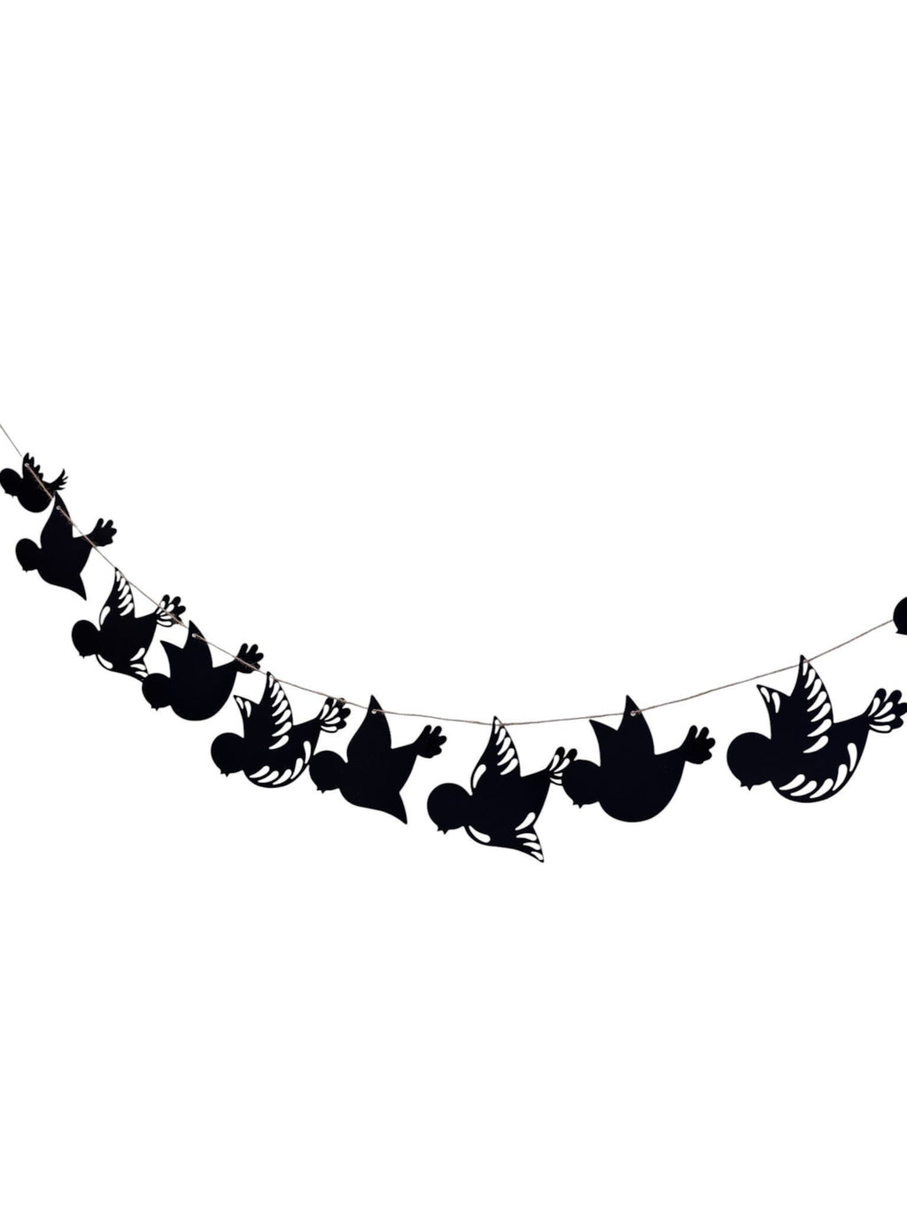 Paper Party Studio black paper bird silhouette garland with delicate wing detailing, strung on a cord.