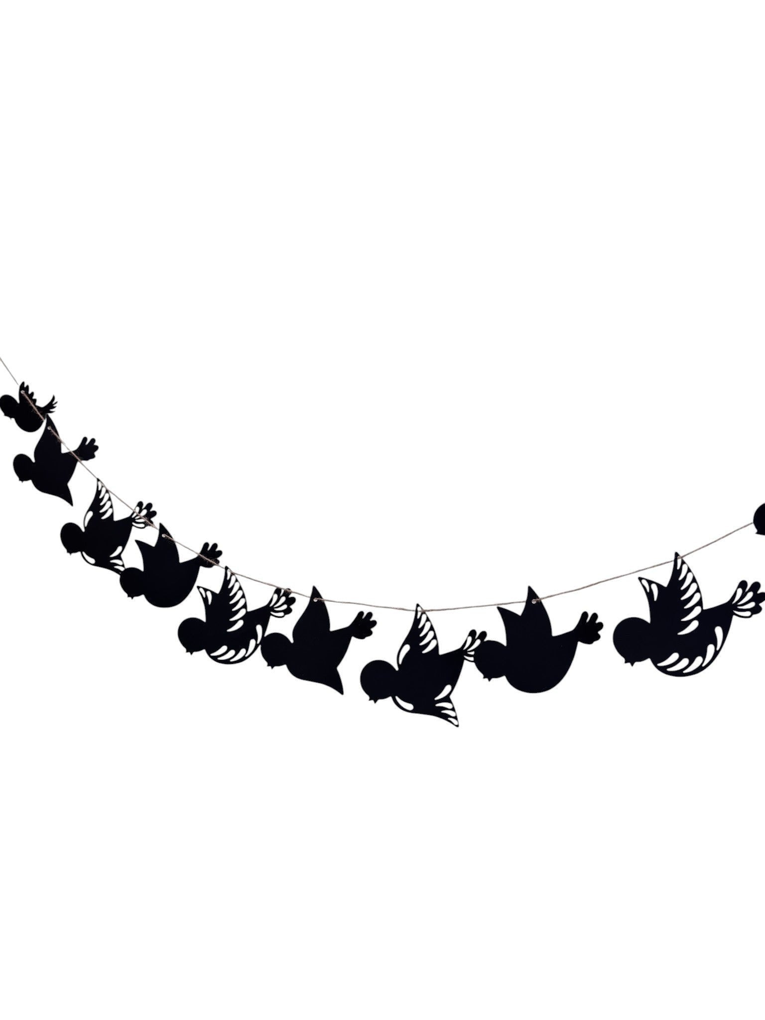 Paper Party Studio black paper bird silhouette garland with delicate wing detailing, strung on a cord.