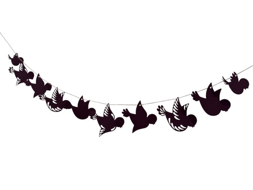 Paper Party Studio black paper bird silhouette garland with delicate wing detailing, strung on a cord.