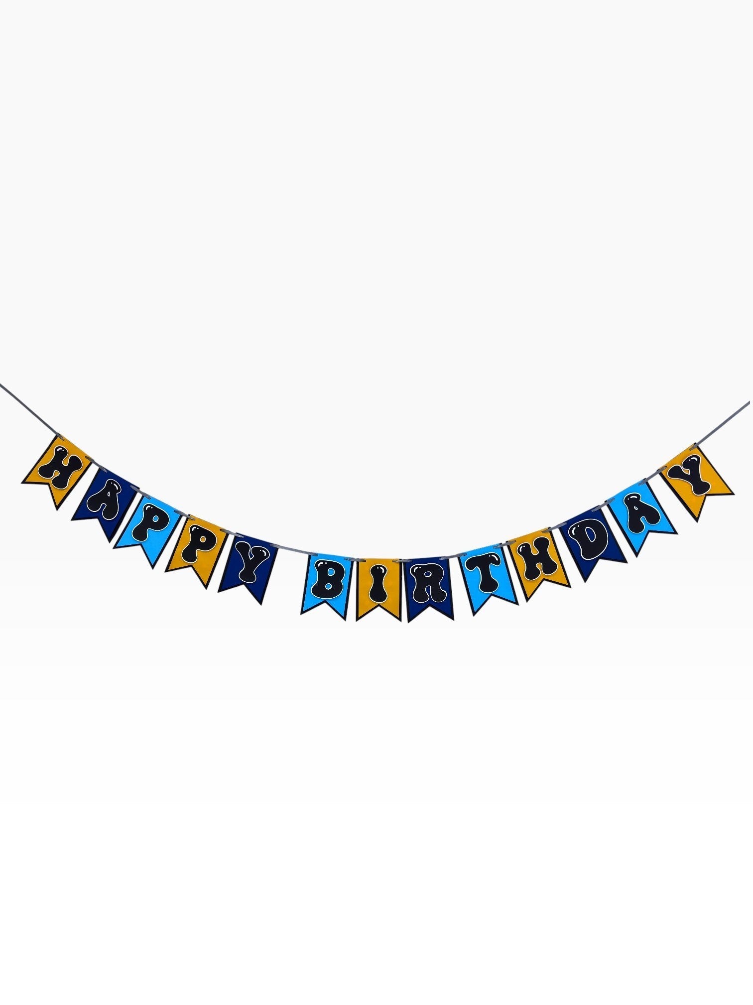 Paper Party Studio blue and gold paper birthday banner with bubble letters on swallowtail flags.