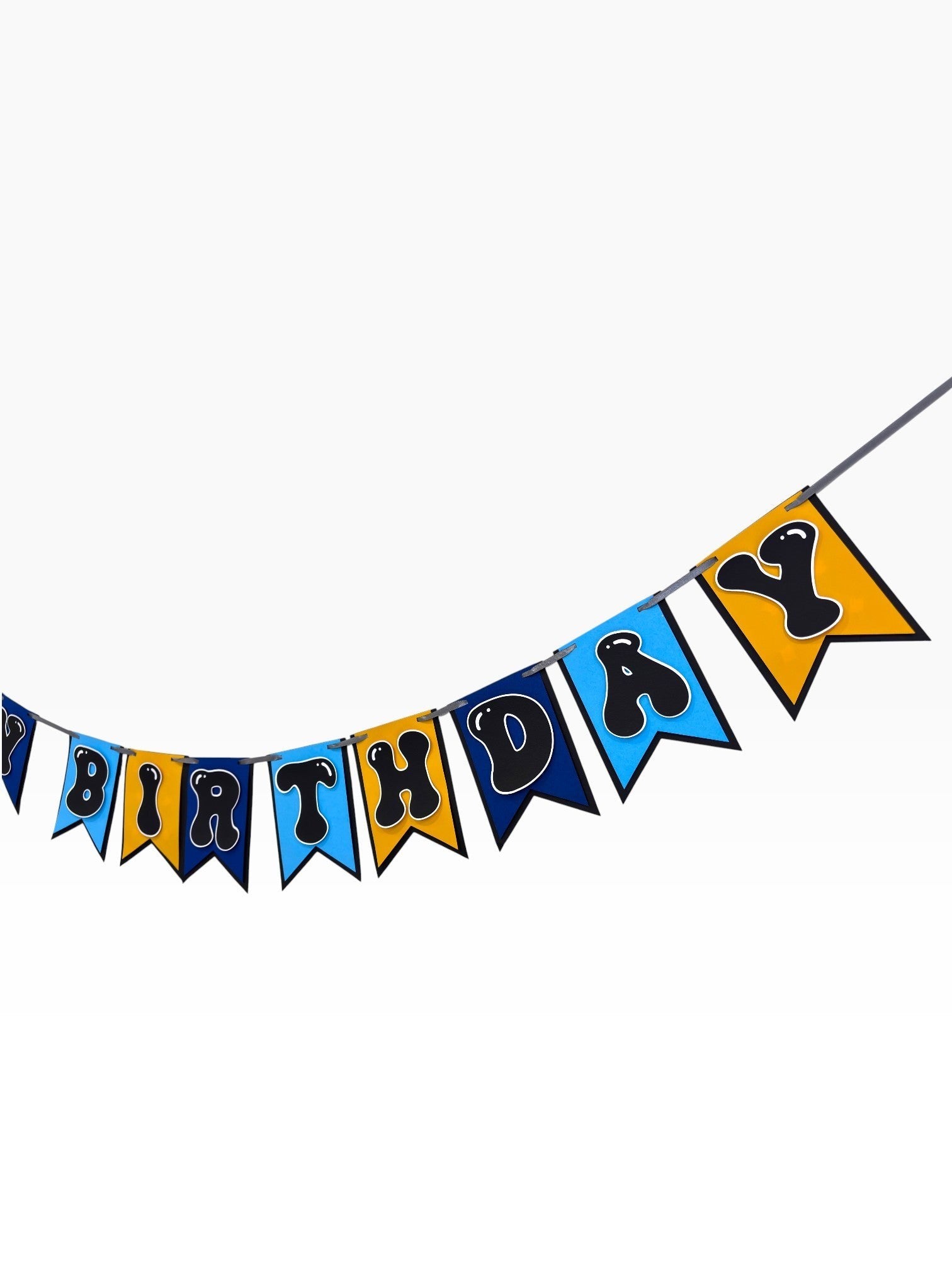 Paper Party Studio blue and gold paper birthday banner with bubble letters on swallowtail flags.