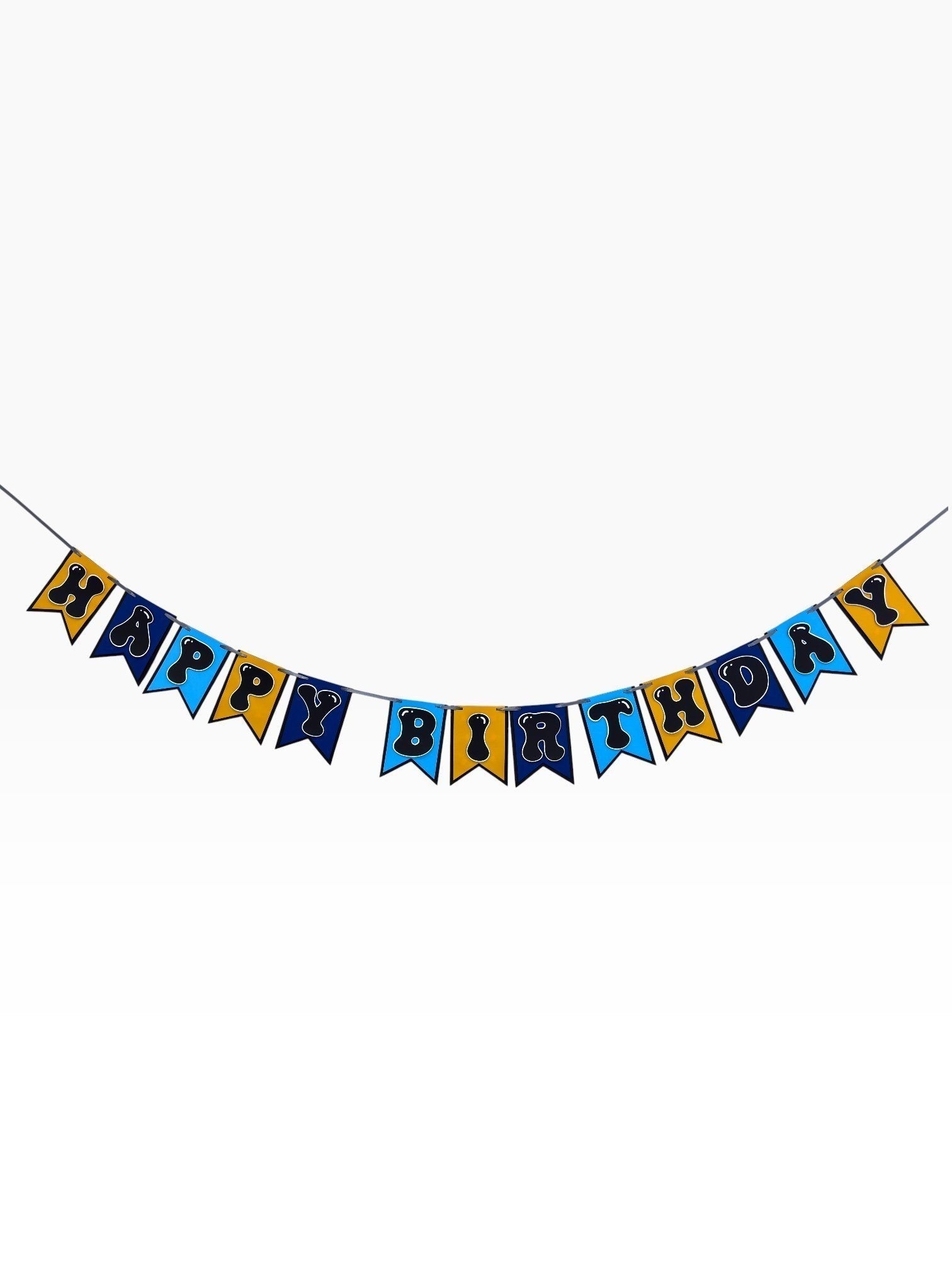Paper Party Studio blue and gold paper birthday banner with bubble letters on swallowtail flags.