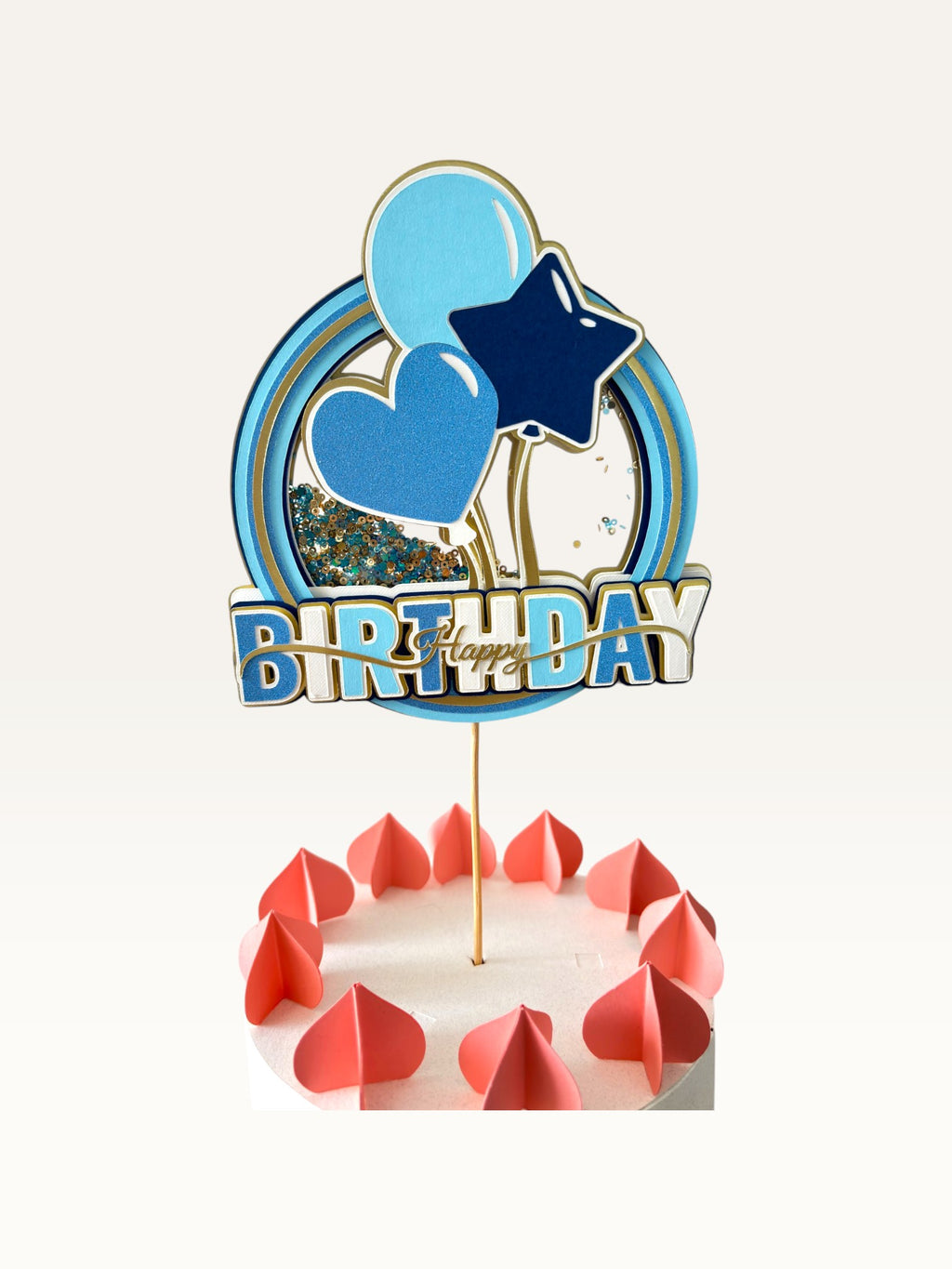 Paper Party Studio blue and gold Happy Birthday shaker cake topper with glitter, sequins, and balloon decorations.