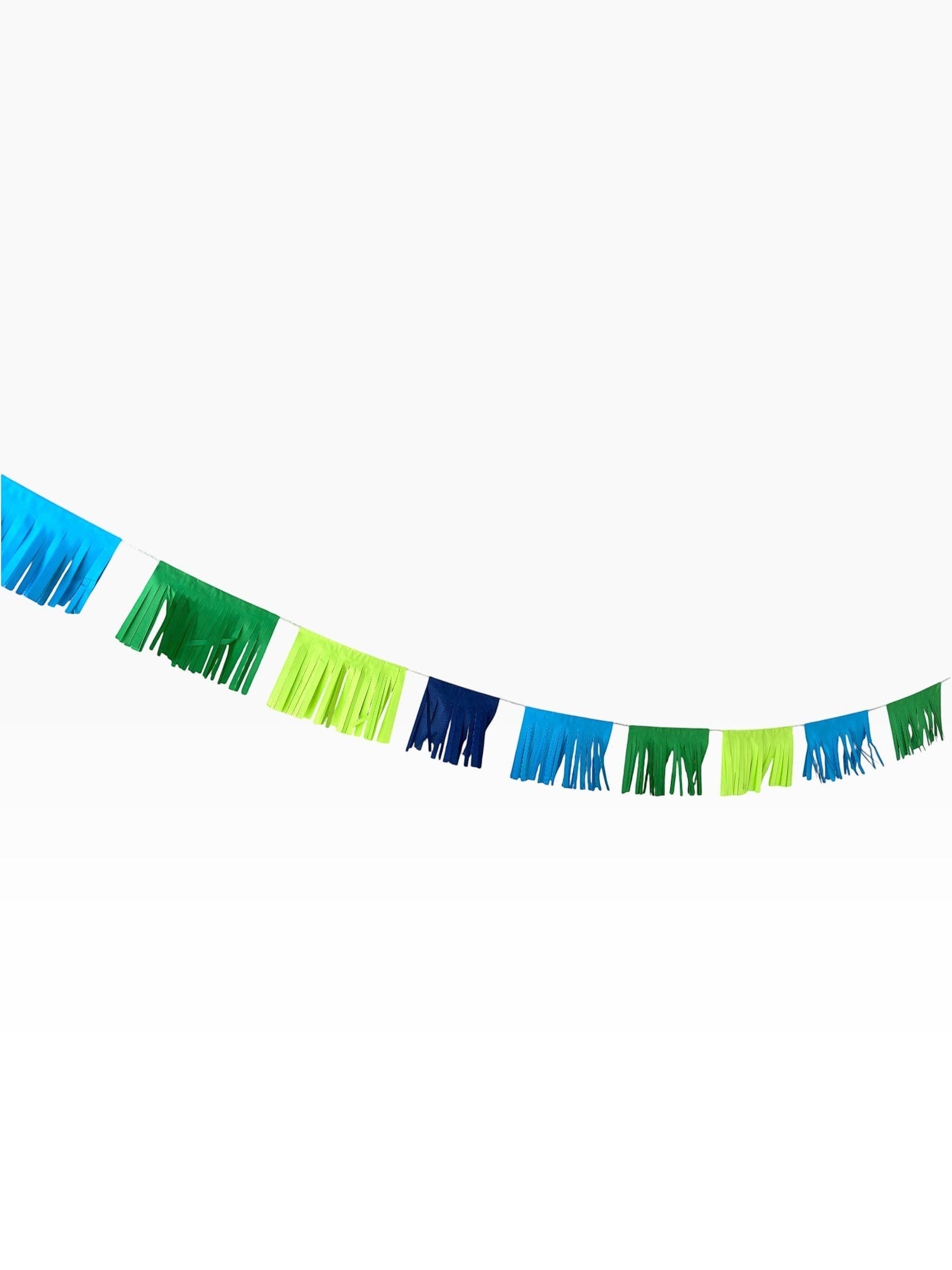 Paper Party Studio blue and green fringe garland with alternating paper tassels. Perfect for baby showers and parties.