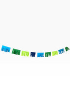 Paper Party Studio blue and green fringe garland with alternating paper tassels. Perfect for baby showers and modern decor.