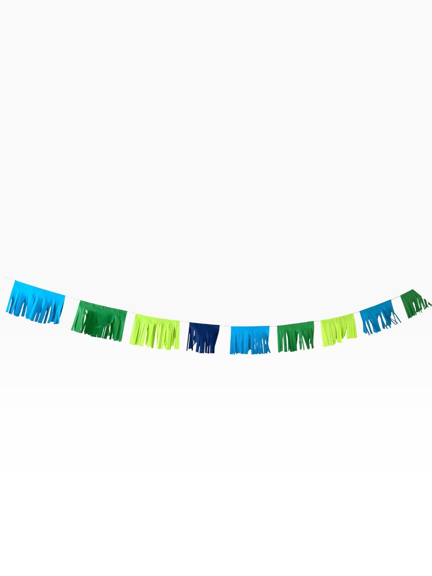 Paper Party Studio blue and green fringe garland with alternating paper tassels. Perfect for baby showers and modern decor.