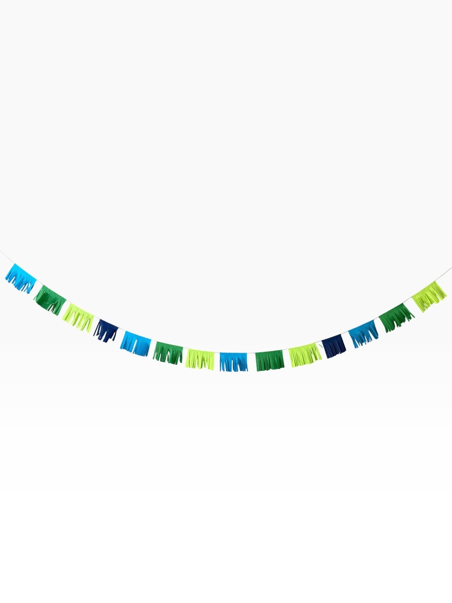 Paper Party Studio blue and green fringe garland with alternating tassels. Perfect for baby showers and parties.