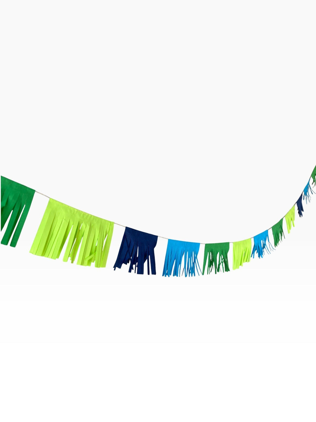 Paper Party Studio blue and green fringe garland with alternating paper tassels for modern celebrations.