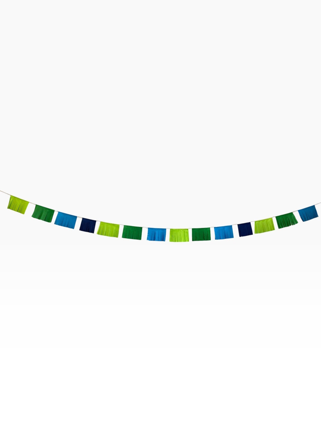 Paper Party Studio blue and green fringe garland with alternating cardstock tassels. Modern wall hanging for parties.