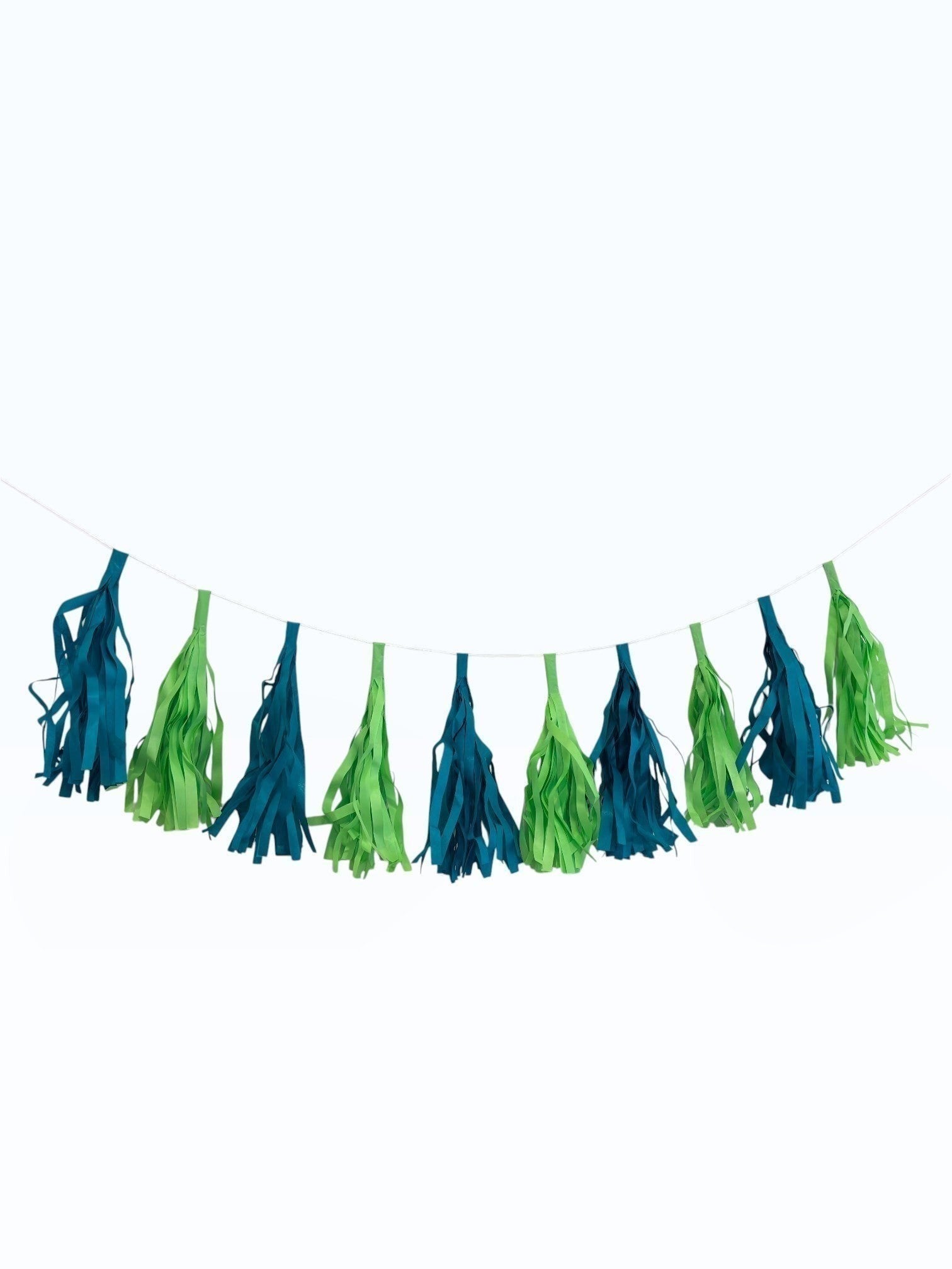 Paper Party Studio blue and green tissue paper tassel garland for party decorations and photo backdrops.