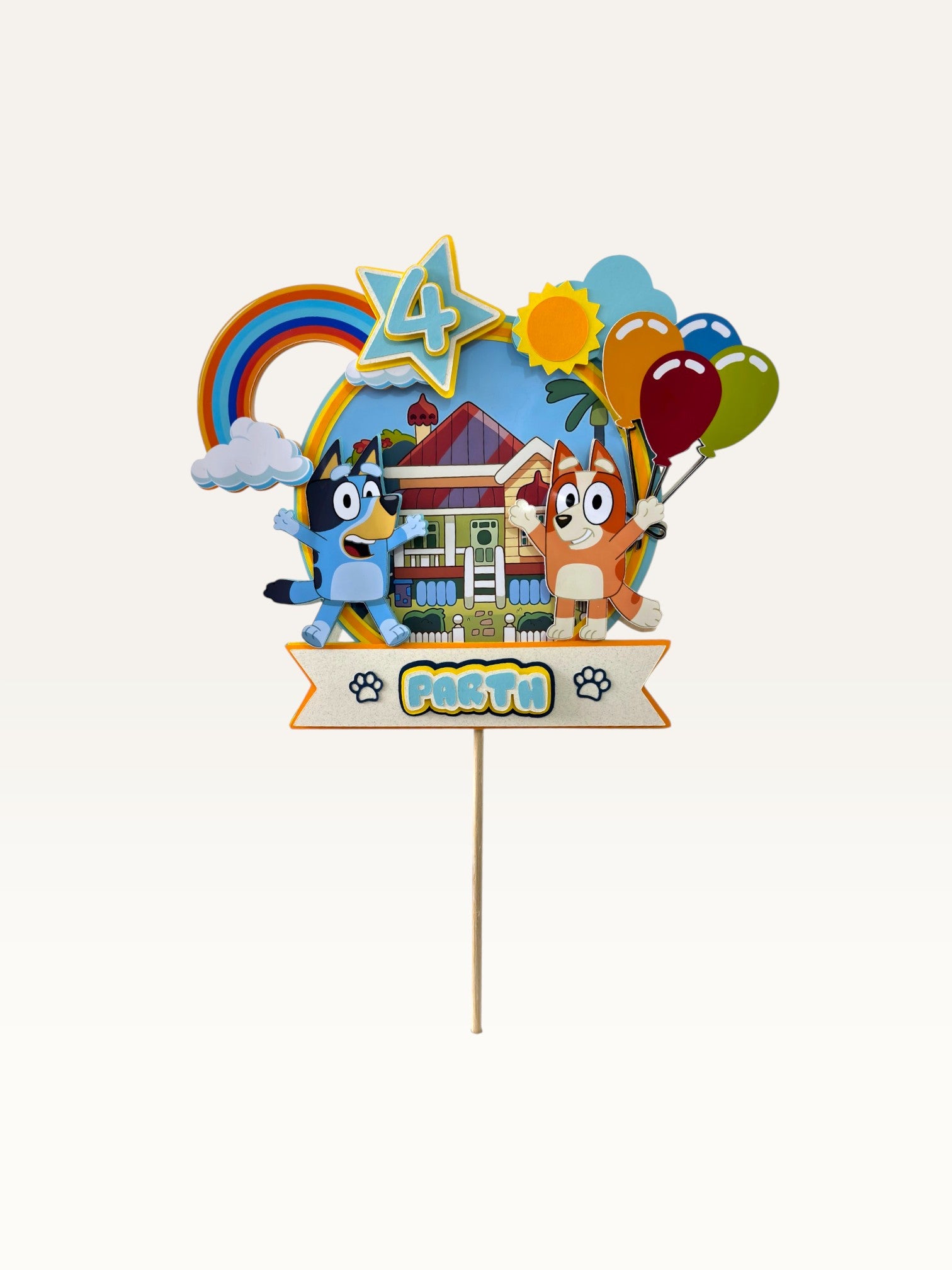 Paper Party Studio blue puppy theme personalised cake topper with rainbow, balloons, and age 4 star for birthday