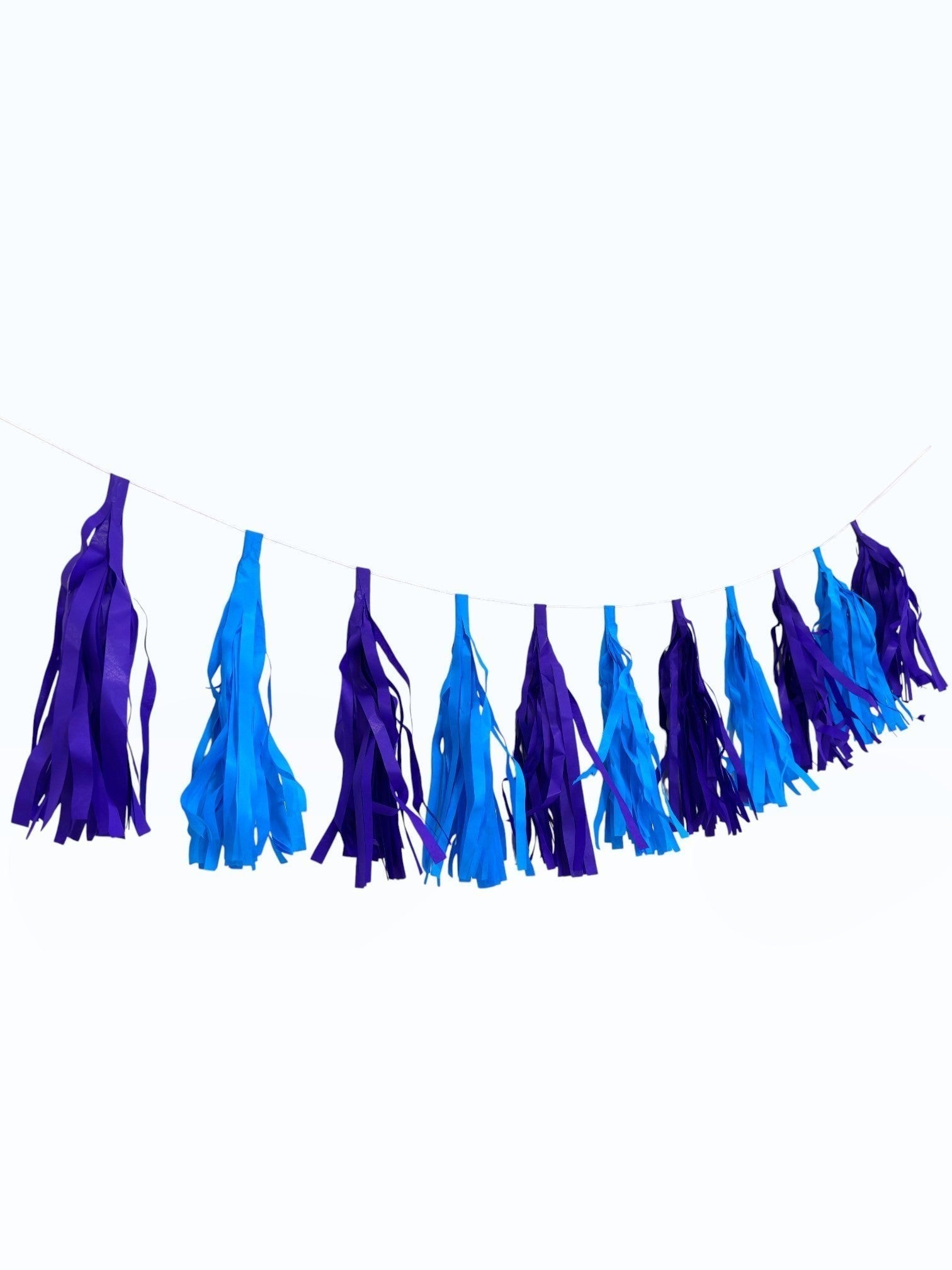 Paper Party Studio blue and purple tissue paper tassel garland for party decoration and event backdrops.