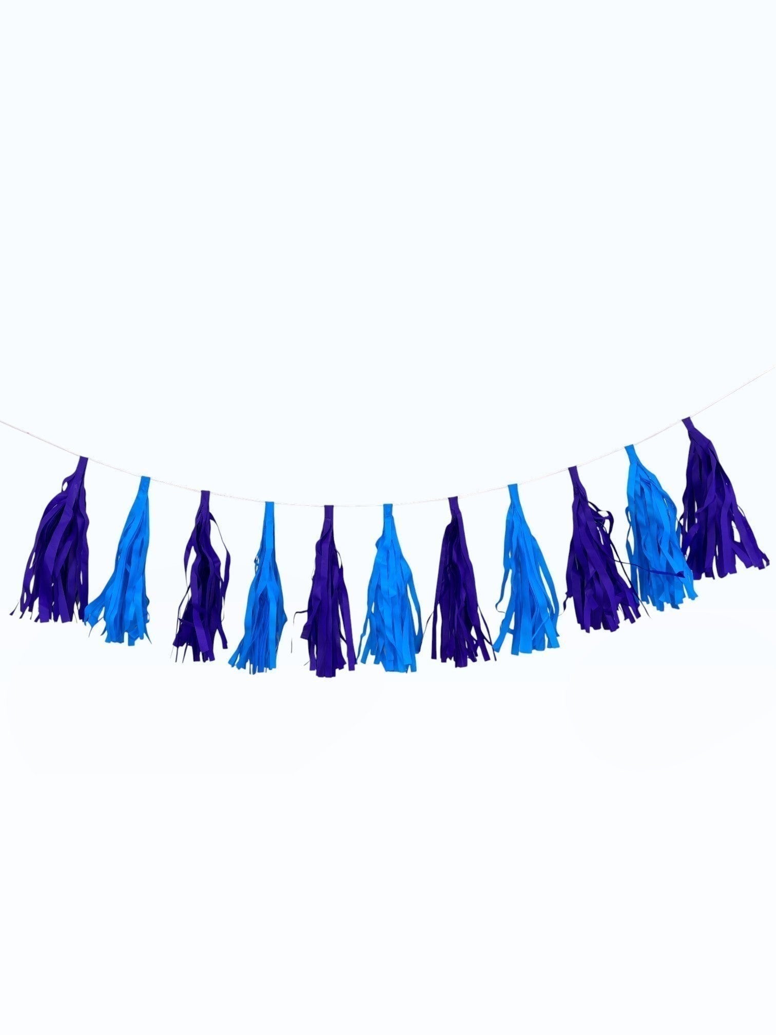 Paper Party Studio blue and purple tissue paper tassel garland for party decorations and photo backdrops.