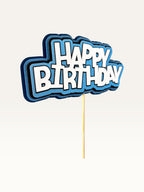Paper Party Studio layered blue and white Happy Birthday cake topper with scalloped edges on a wooden pick.