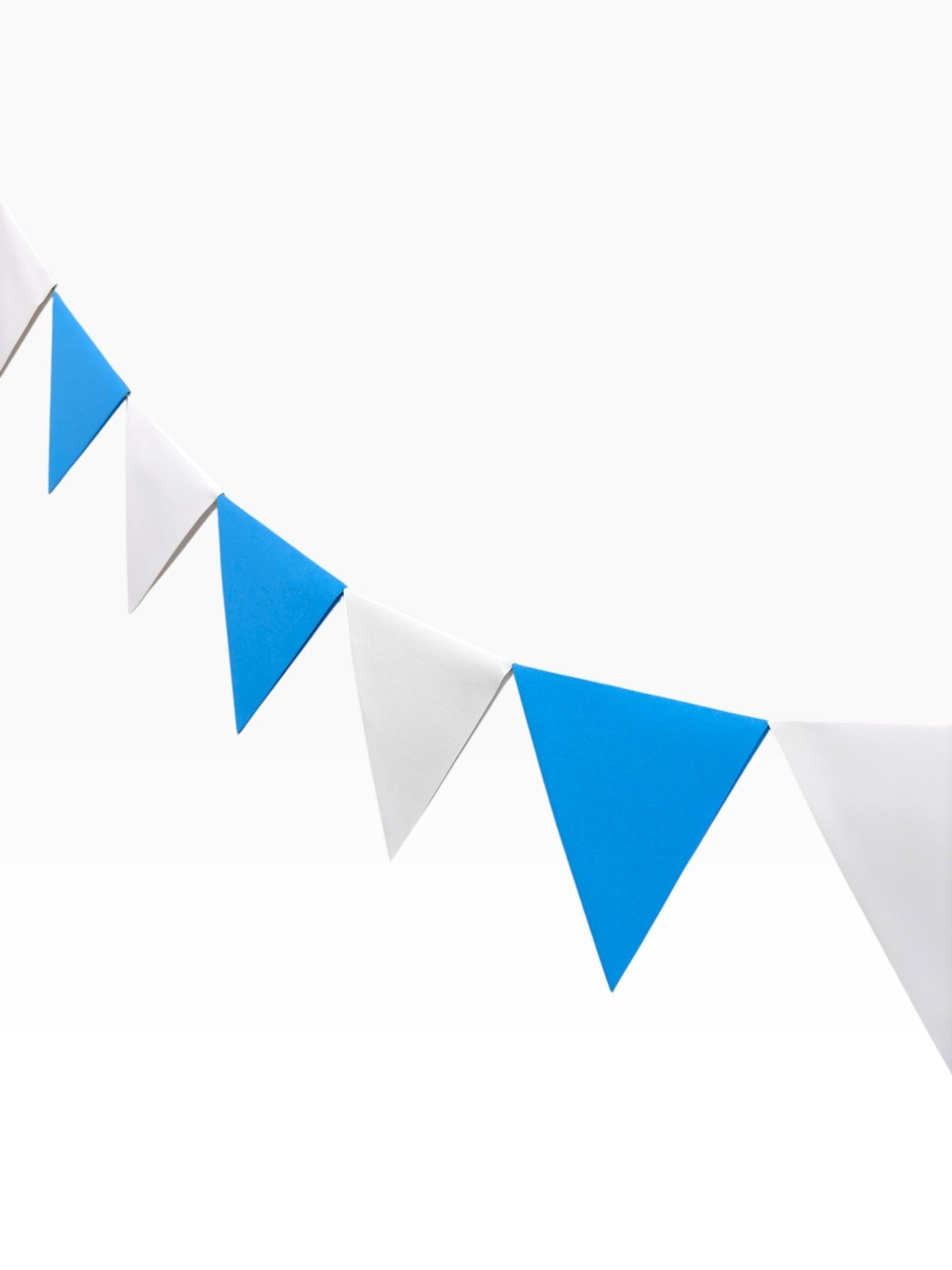 Paper Party Studio blue and white cardstock pennant bunting with classic triangle shapes.