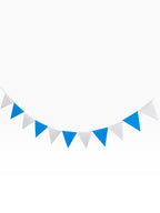 Paper Party Studio blue and white classic triangle pennant bunting, made of cardstock, strung on cord.