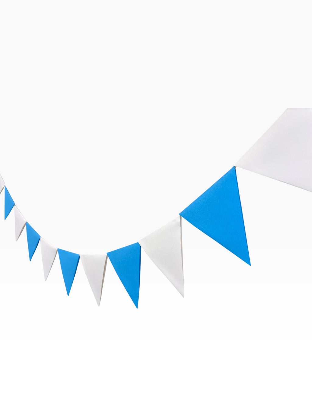 Paper Party Studio blue and white cardstock pennant bunting, alternating triangles on a cord.