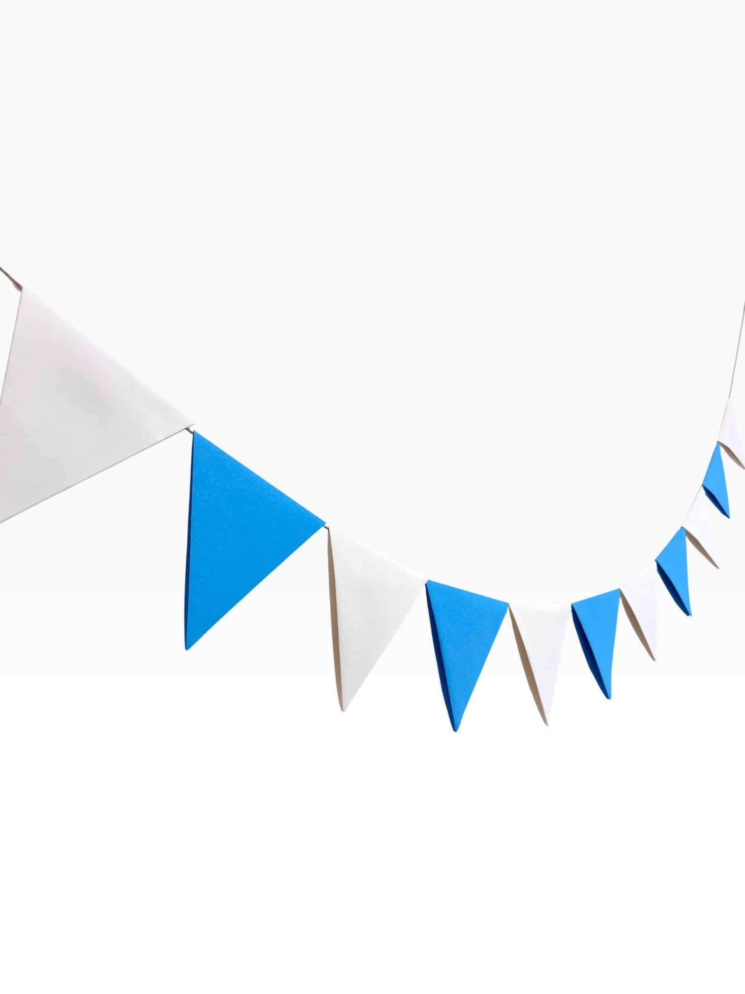 Paper Party Studio blue and white cardstock pennant bunting, alternating triangles on a cord.
