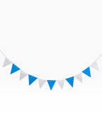 Paper Party Studio blue and white pennant bunting with classic triangle cardstock flags strung on cord.