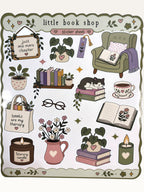 Paper Party Studio little book shop sticker sheet with illustrations of books, a cat, plants, and cozy reading items.