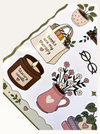 Paper Party Studio Little Book Shop sticker sheet featuring illustrations of a literary candle, tote bag, and flowers.