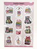Paper Party Studio Bookish Friends sticker sheet featuring cute raccoons, geese, and opossums reading books.
