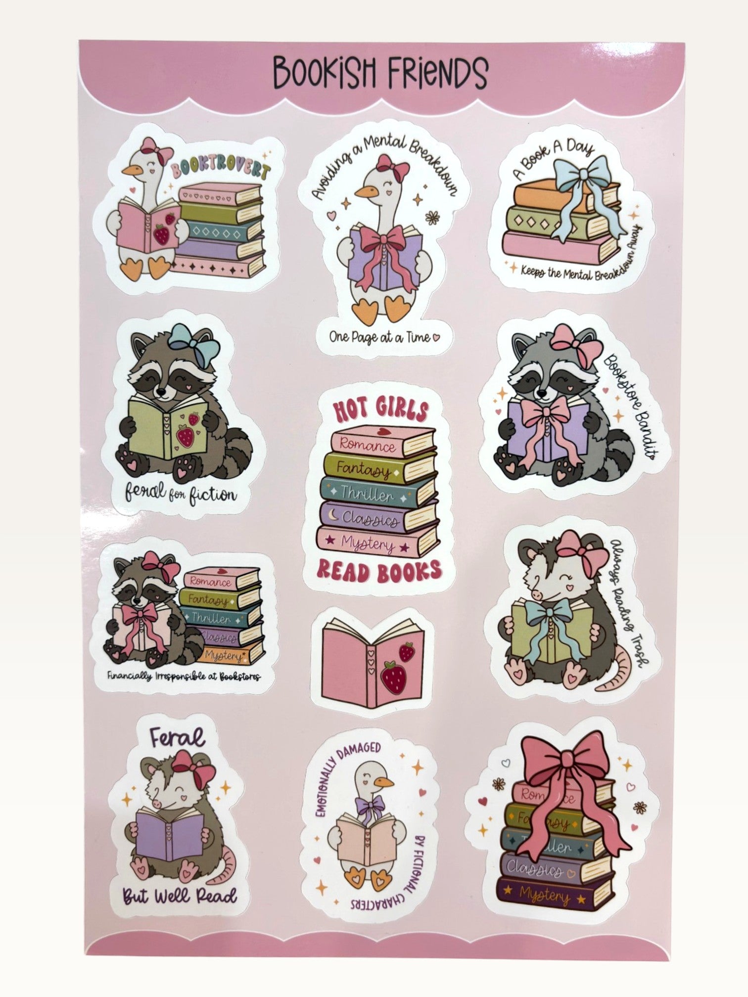 Paper Party Studio Bookish Friends sticker sheet featuring cute raccoons, geese, and opossums reading books.