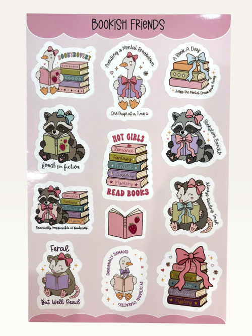 Paper Party Studio Bookish Friends sticker sheet featuring cute raccoons, geese, and opossums reading books.