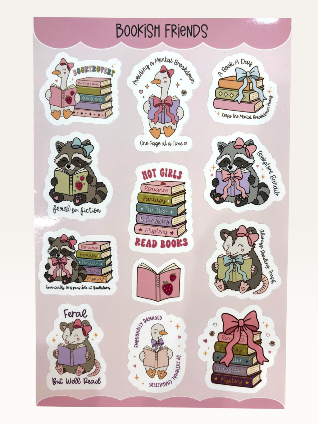 Paper Party Studio Bookish Friends sticker sheet featuring cute illustrated animals reading books with coffee puns.