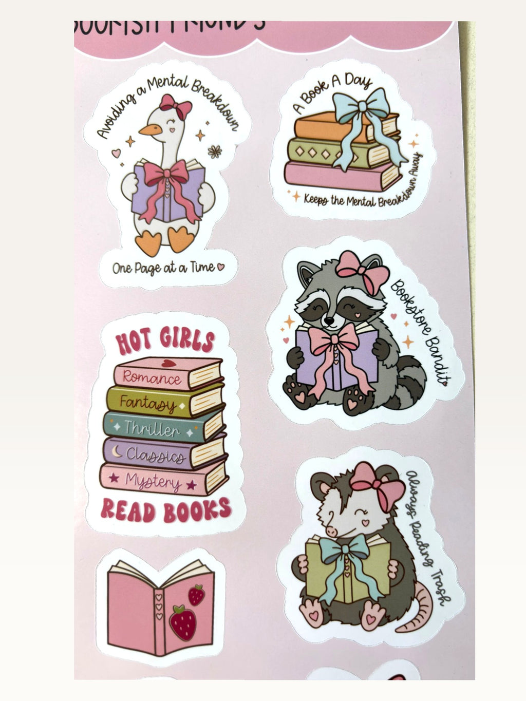 Paper Party Studio Bookish Friends sticker sheet featuring cute animals with books and pastel illustrations.