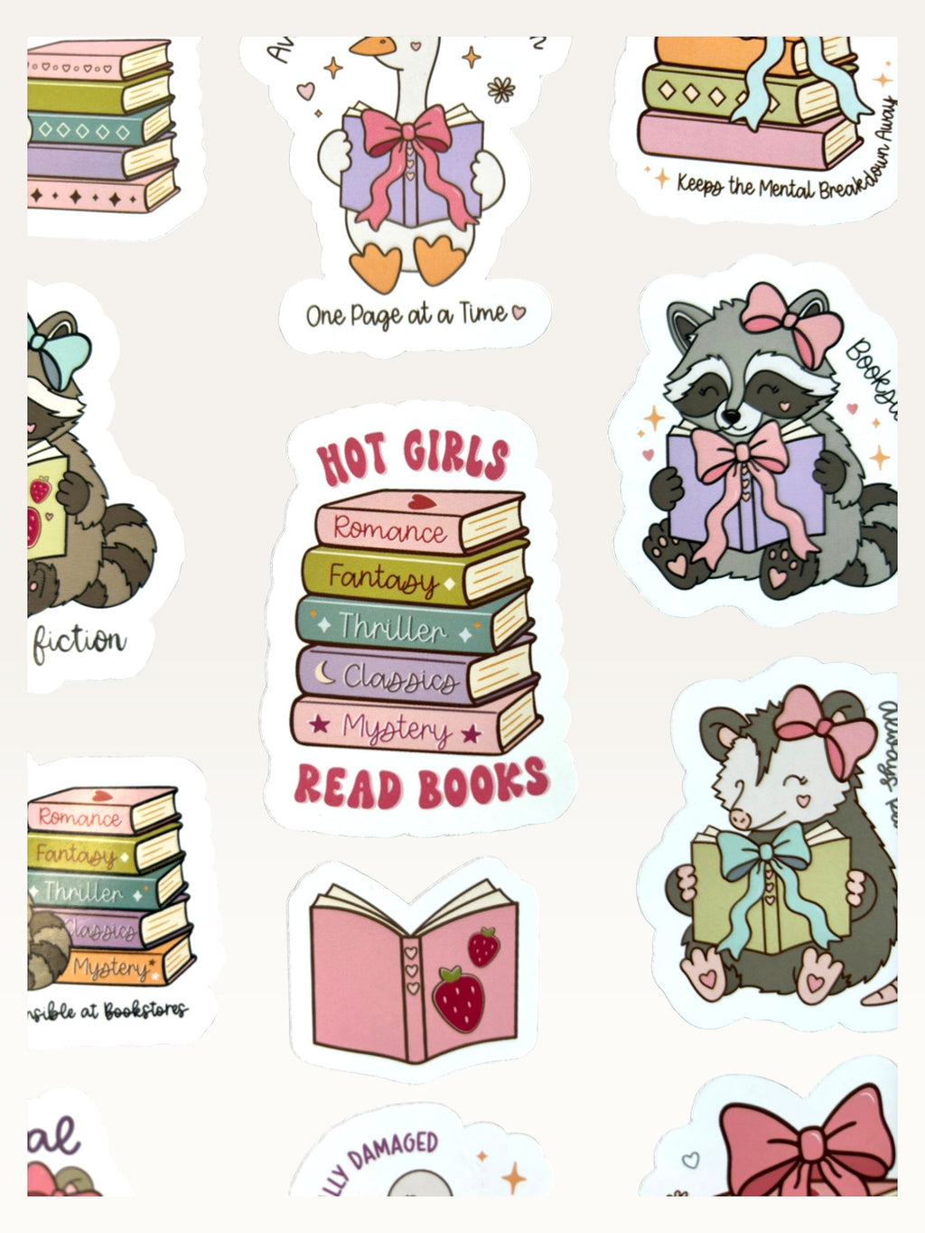 Paper Party Studio glossy sticker sheet featuring cute animals like raccoons, geese, and opossums reading books.