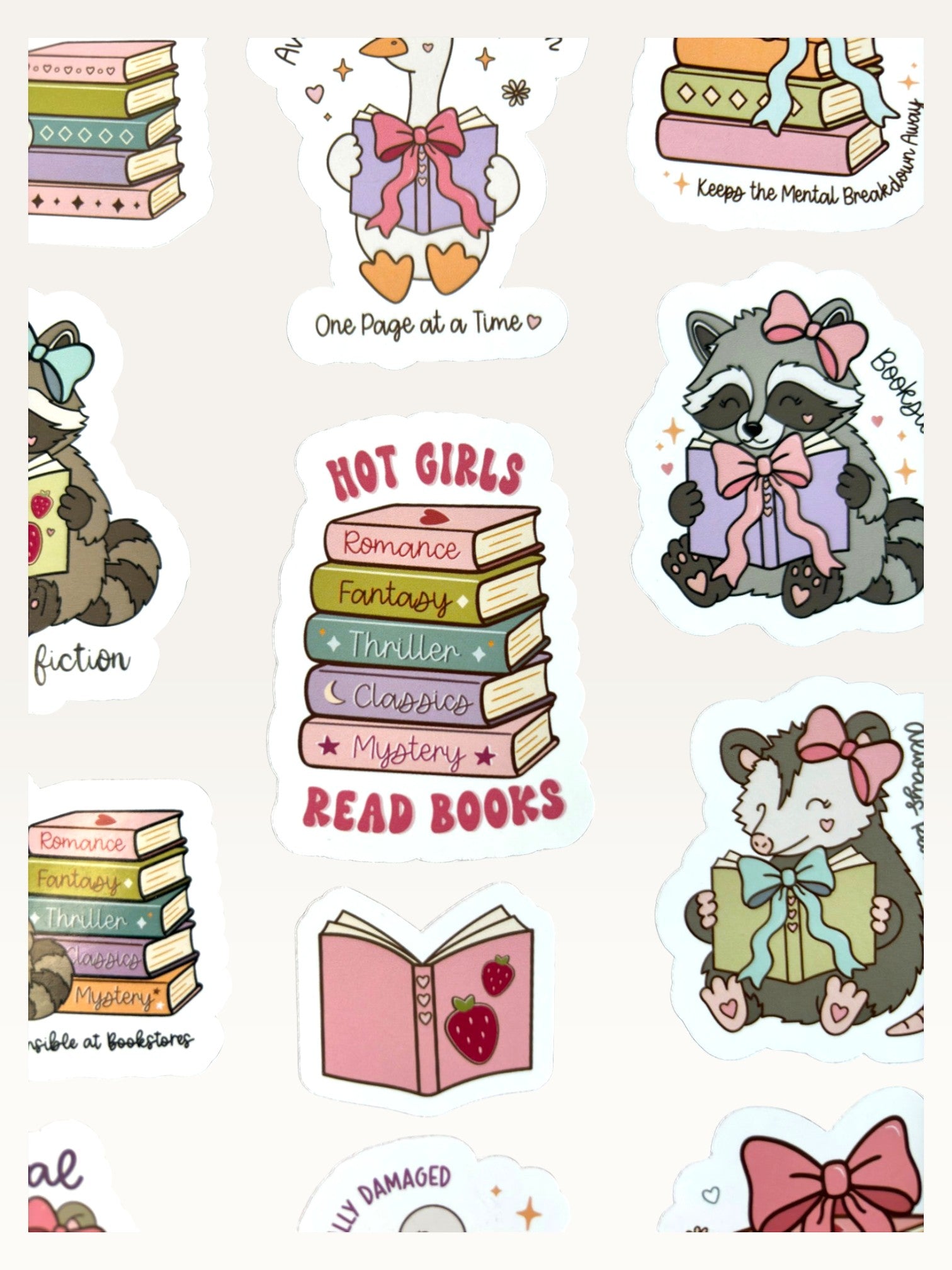 Paper Party Studio glossy sticker sheet featuring cute animals like raccoons, geese, and opossums reading books.