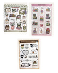 Paper Party Studio Bookworm sticker set featuring three glossy sheets with book, raccoon, and coffee themed designs.