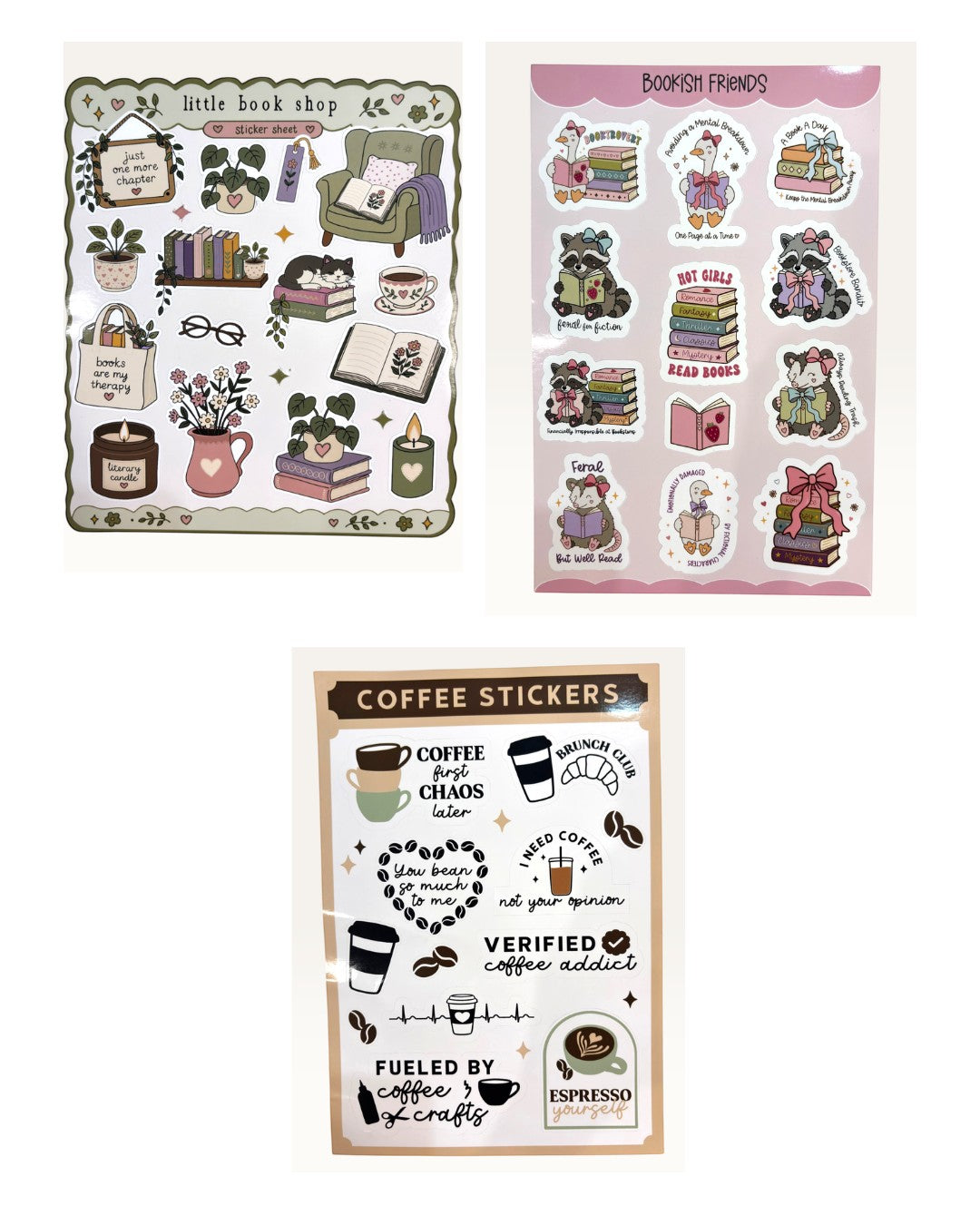 Paper Party Studio Bookworm sticker set featuring three glossy sheets with book, raccoon, and coffee themed designs.