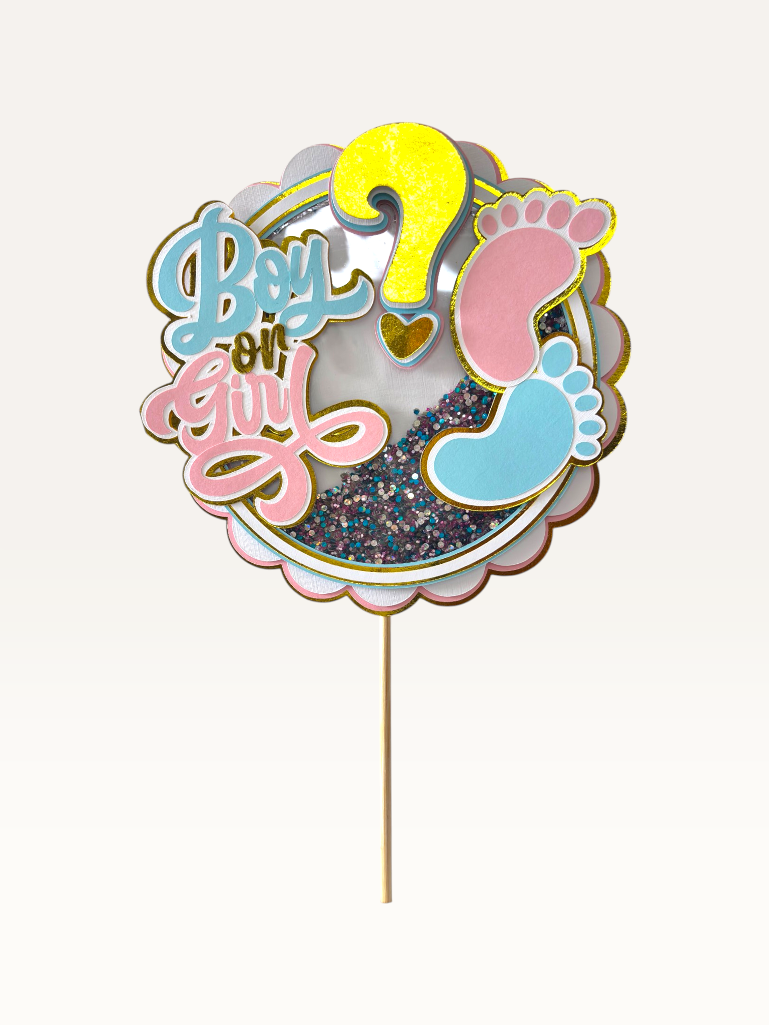 Paper Party Studio Boy or Girl baby shower cake topper with gold foil and glitter shaker detail