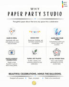 Paper Party Studio infographic highlighting handcrafted, eco-friendly paper party decorations and brand values.