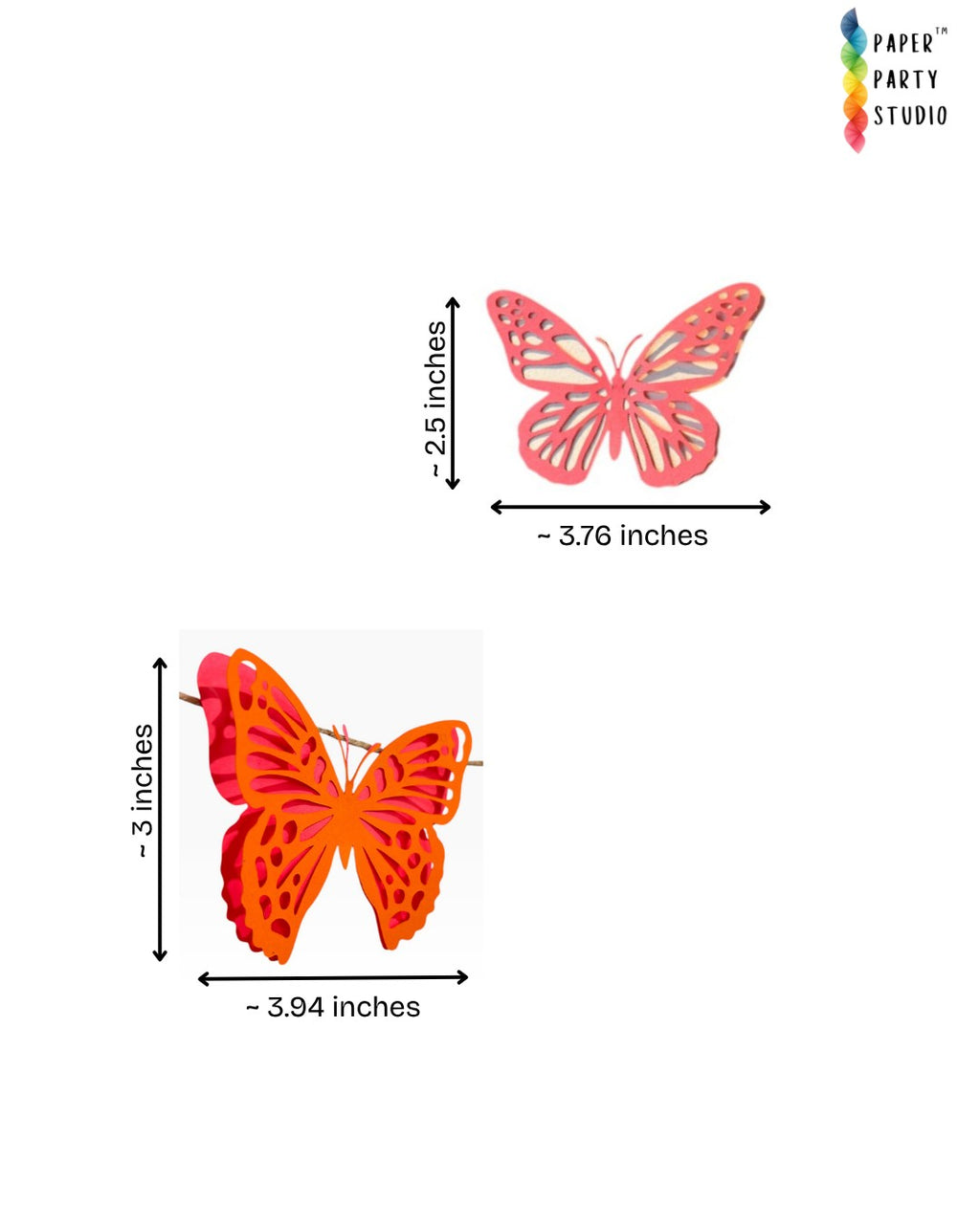 Paper Party Studio butterfly garland featuring intricate red and orange cardstock butterflies for party decor.