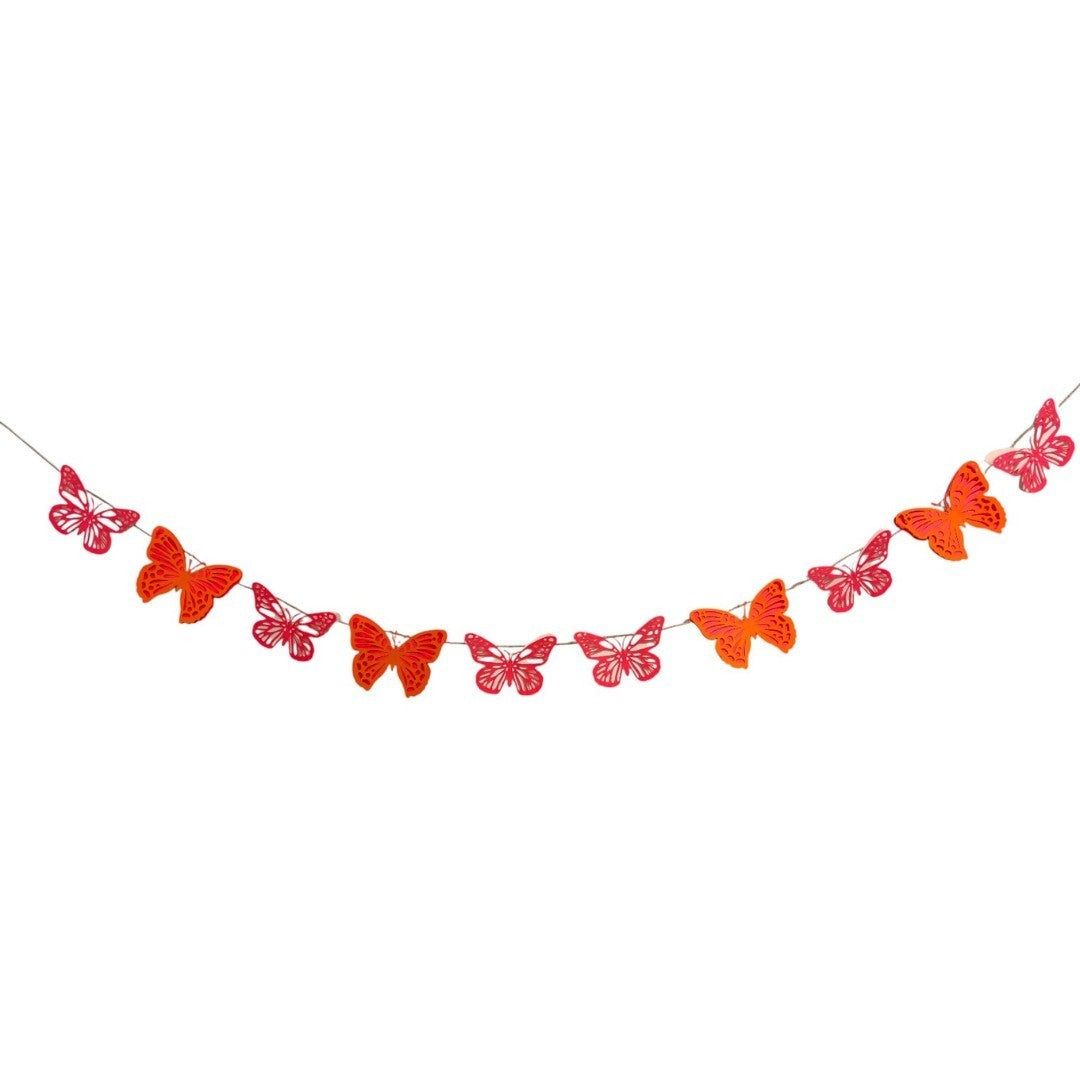 Paper Party Studio red and orange cardstock butterfly garland with intricate wings, ready to hang.