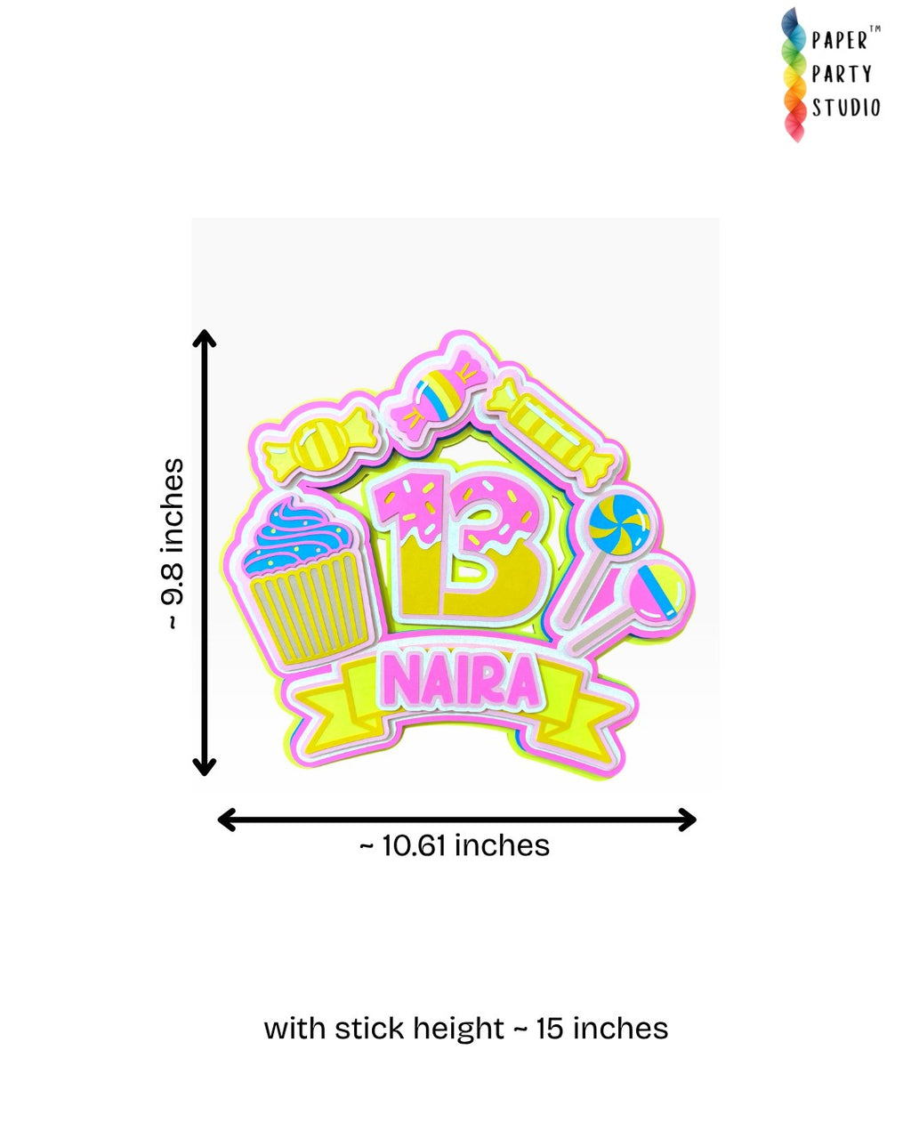 Paper Party Studio personalised candy-themed birthday cake topper with cupcake, lollipop, and donut cardstock layers.