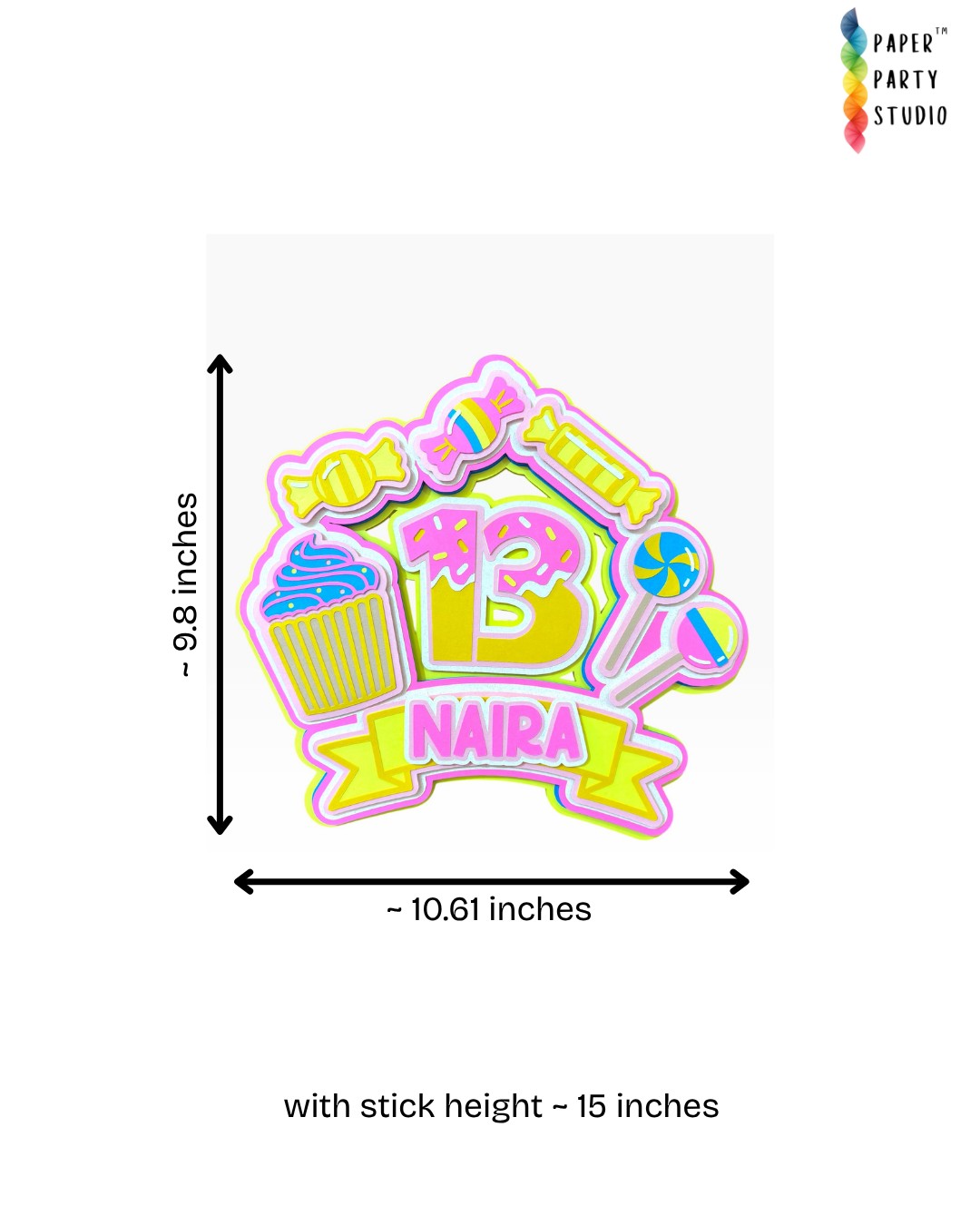 Paper Party Studio personalised candy-themed birthday cake topper with cupcake, lollipop, and donut cardstock layers.