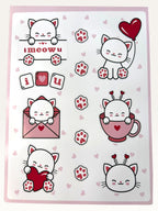 Paper Party Studio glossy sticker sheet featuring cute white cats, red hearts, and paw prints with I meow u text.