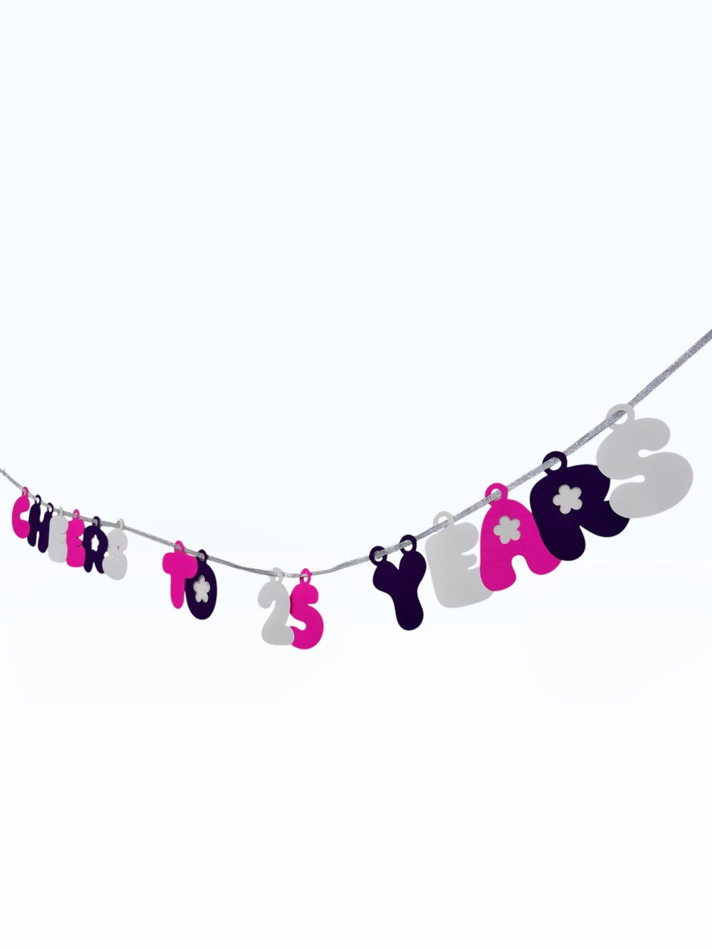 Paper Party Studio 'Cheers to 25 Years' banner with pink, black, and white bubble letters on a silver cord.