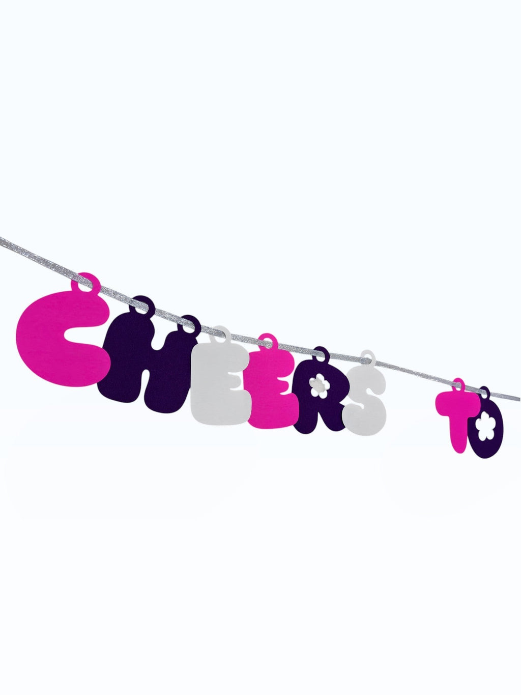 Paper Party Studio pink, black, and white bubble letter 'Cheers to 25 Years' banner with daisy accents on a silver cord.