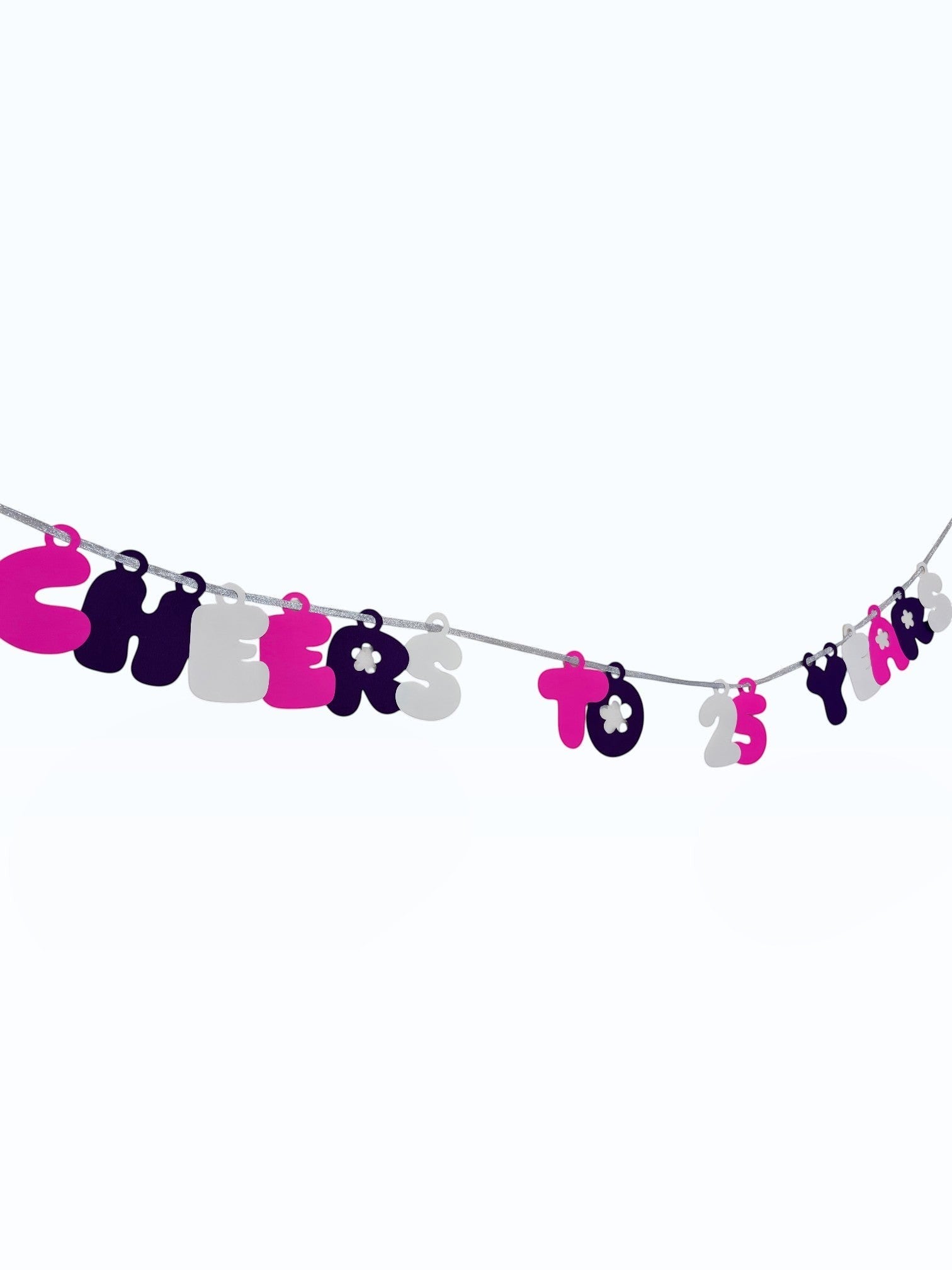 Paper Party Studio "Cheers to 25 Years" garland in pink, black, and white bubble letters with daisy accents on a silver cord.