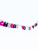 Paper Party Studio "Cheers to 25 Years" garland in pink, black, and white bubble letters with daisy accents on a silver cord.