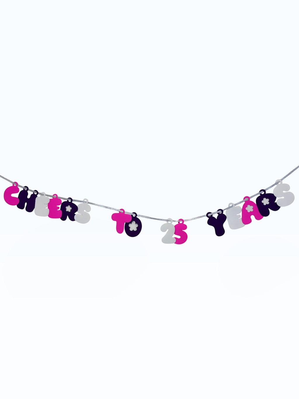 Paper Party Studio 'Cheers to 25 Years' bubble letter garland in pink, black, and white with daisy accents on a silver cord.