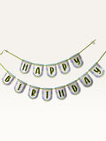 Paper Party Studio Happy Birthday banner with multicolour chevron scalloped tags and black letters on green cord