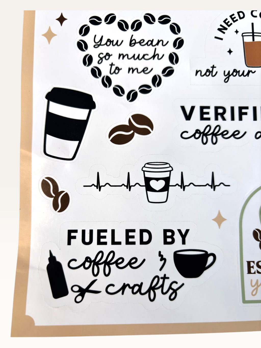 Paper Party Studio coffee themed sticker sheet featuring glossy kiss-cut decals of espresso cups, beans, and puns.