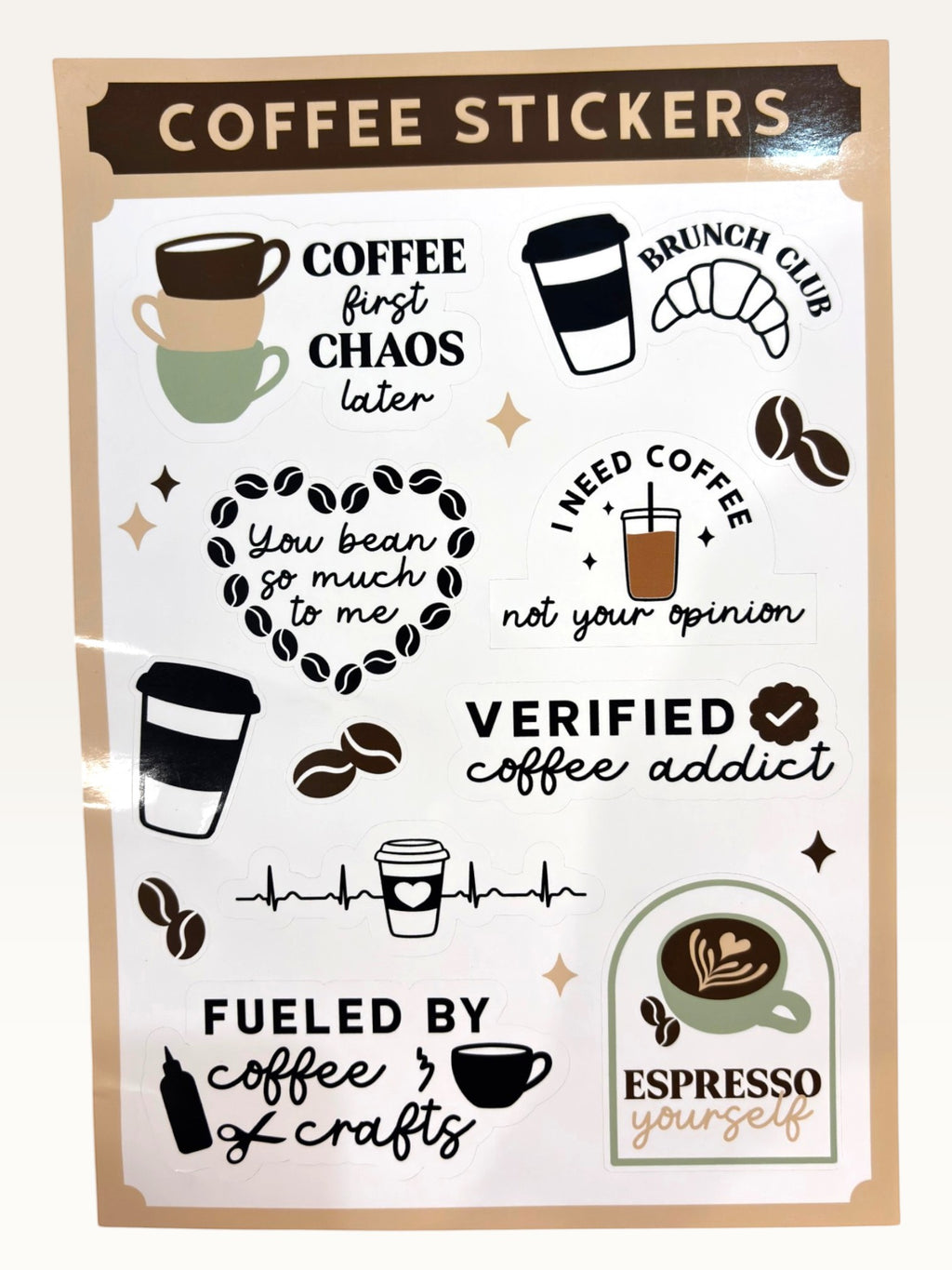 Paper Party Studio coffee themed sticker sheet featuring puns, latte art, and espresso designs on glossy paper.