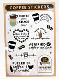 Paper Party Studio coffee themed sticker sheet featuring puns, latte art, and espresso designs on glossy paper.